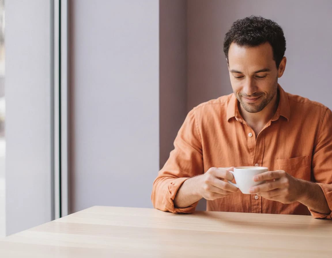 Illustrative photo: a café owner in an orange shirt holding a cup of coffee at a sunny window table.
