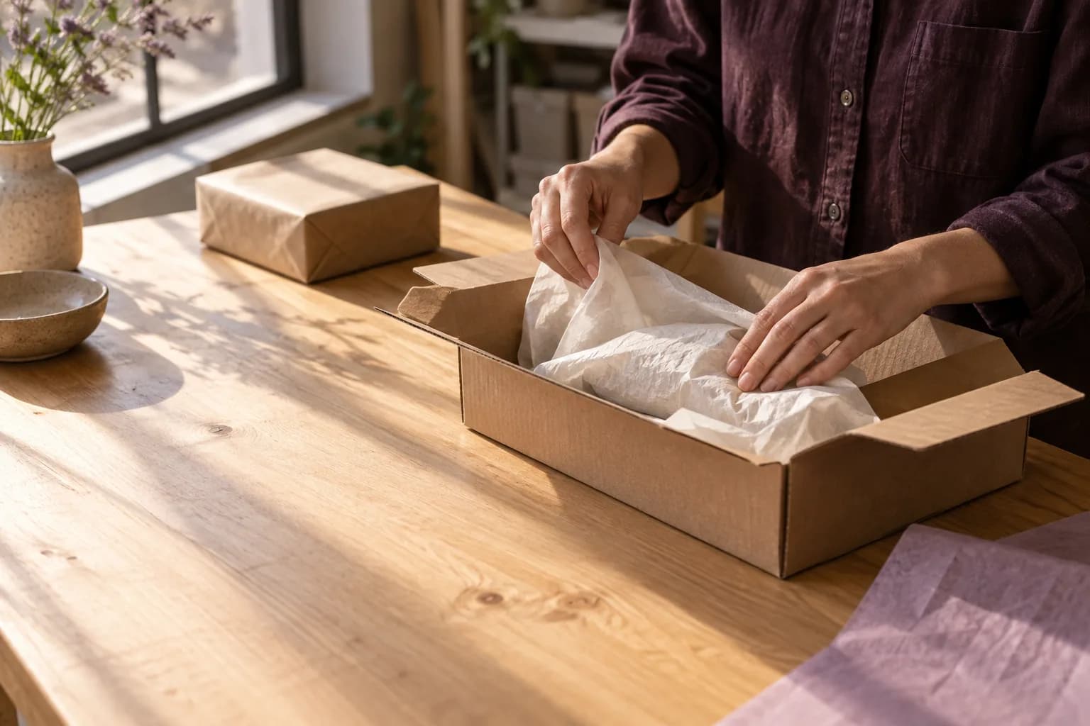 Illustrative studio scene: hands wrapping a parcel beside a sunlit window.